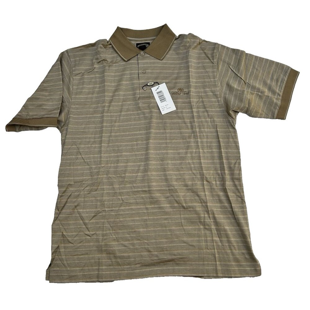 New Haley Reserve Striped Tan Polo w/ Willow Fork Logo Golf Size Medium Shirt